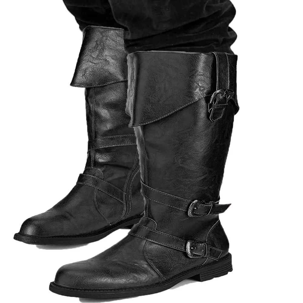 الرجال الرجعية فايكنغ القراصنة أحذية عالية الركبة فارس القرون الوسطى أحذية بولي حزام حزام مشبك الديكور أحذية الهالوين التأثيرية