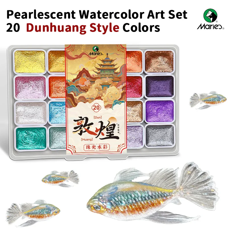 Marie's 20-Farben-Aquarellfarben-Set, Dunhuang-Farboptionen mit Perlglanzeffekt, vielseitig einsetzbar zum Zeichnen, Schreiben, Dekorieren