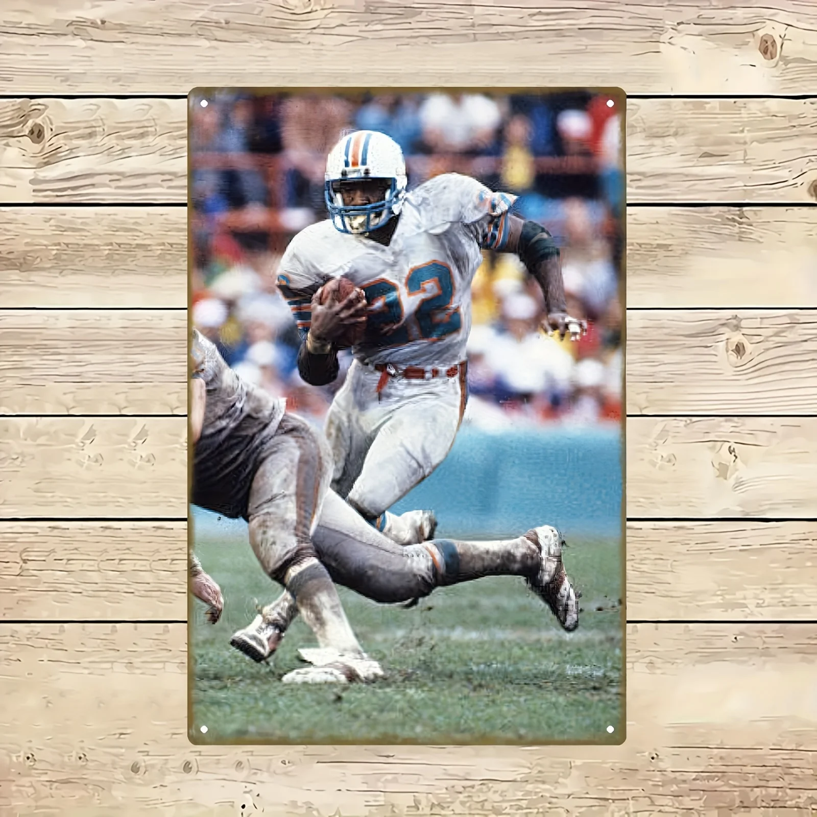 Vintage American Football Star Metal Sign, - Durable Iron Wall Decor with Battle Stirrup & Player Design, Perfect for Home, Clu