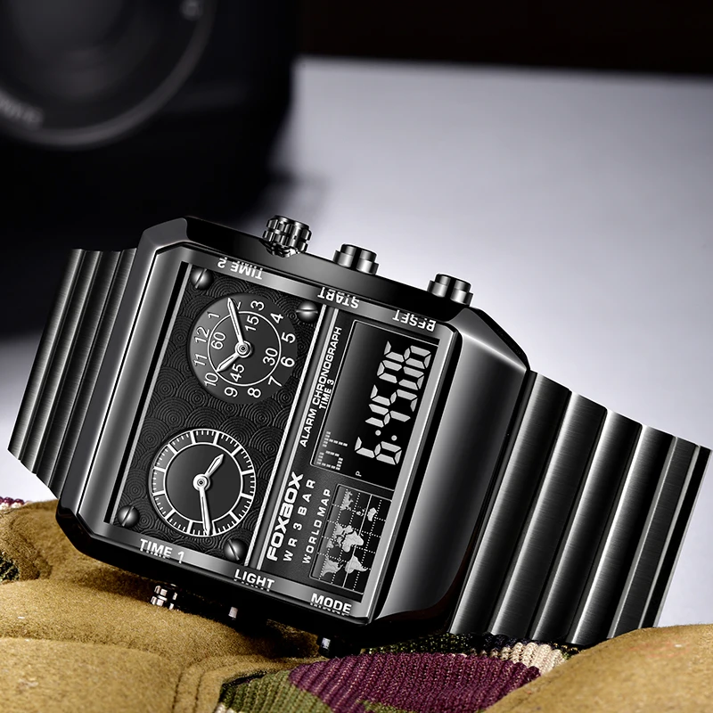FOXBOX Mens Watches Brand Luxury Square Watch For Men quartz wristwatch Fashion Waterproof Dual Display Watch Relogio Masculino