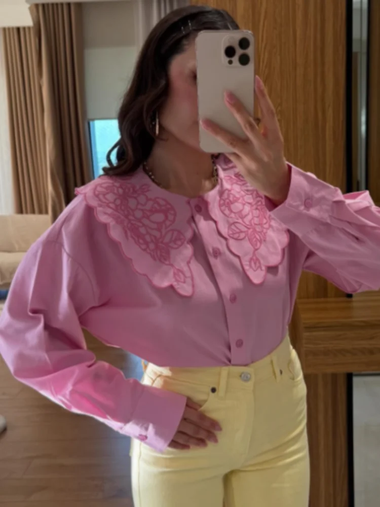 

2025 Women Feminine Pink Shirt Sweet Lapel Collar Full Sleeves Single Breasted Buckle Top Fashion Commuting Street Leisurewear