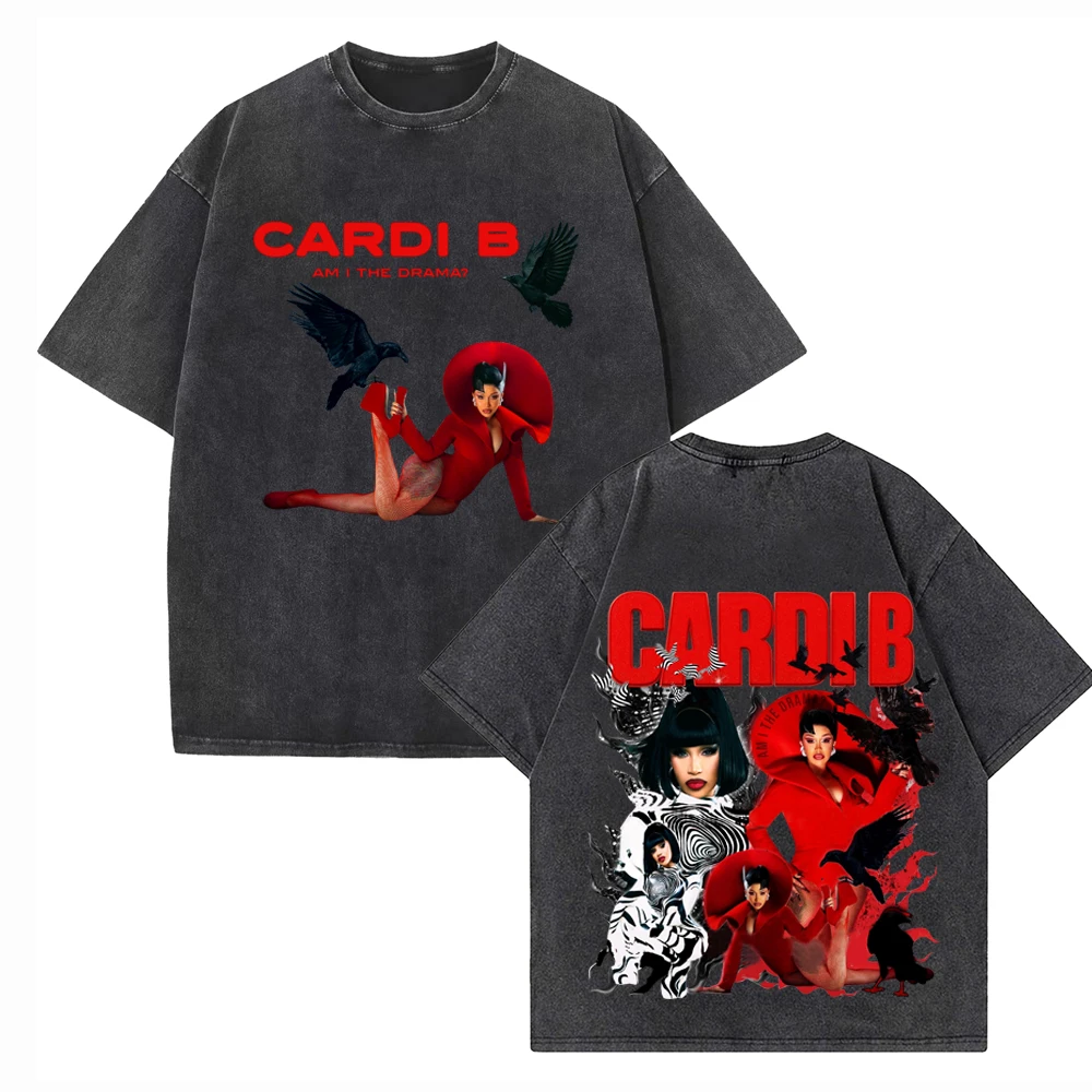 ألبوم جديد Cardi B Am I The Drama غسلها تي شيرت رجل امرأة خمر س الرقبة قصيرة الأكمام تي شيرتات قطن