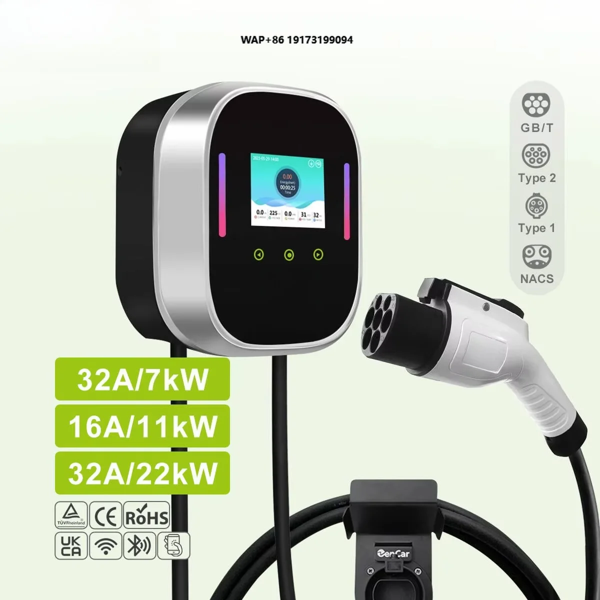 Smart EV Charger Wallbox 22kW 11kW 7kW AC Electric Home Charging Station 16A 32A Wifi APP Car Charger with Type 1 Type 2 GBT
