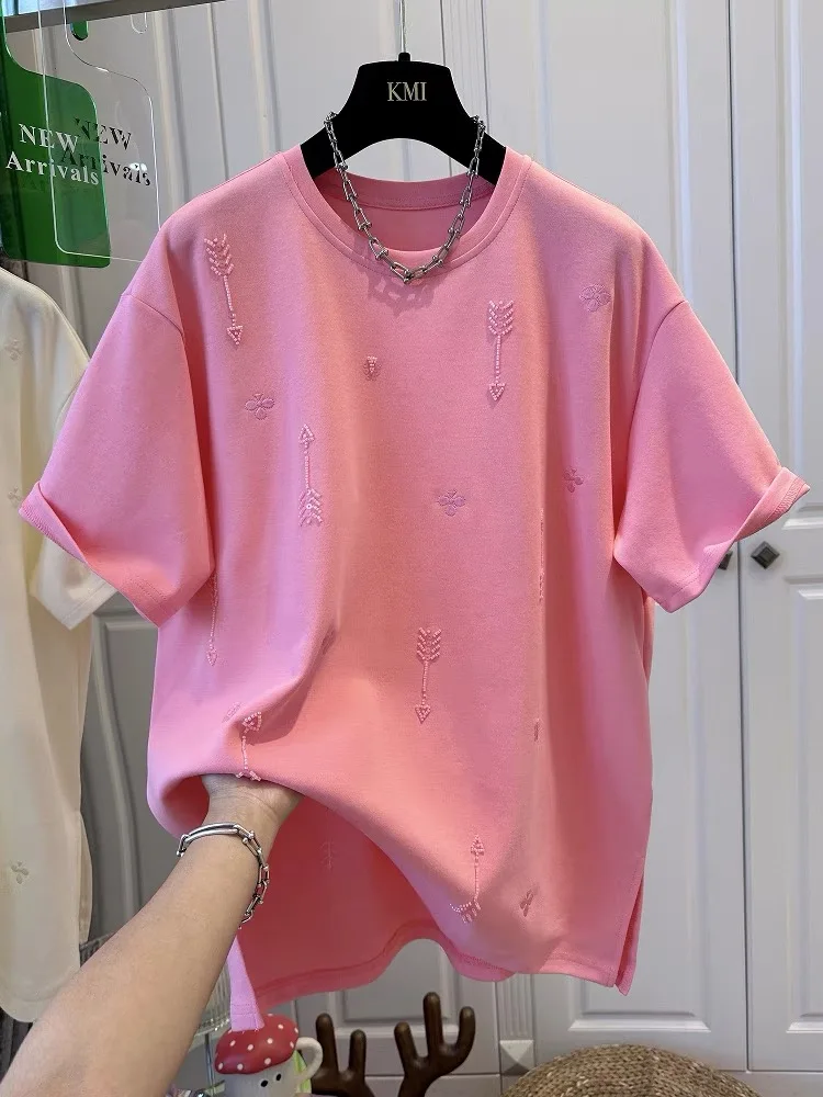 2026 Spring and Summer New Style Pure Cotton Loose Beaded Short-sleeved Fashionable T-shirt Female Top