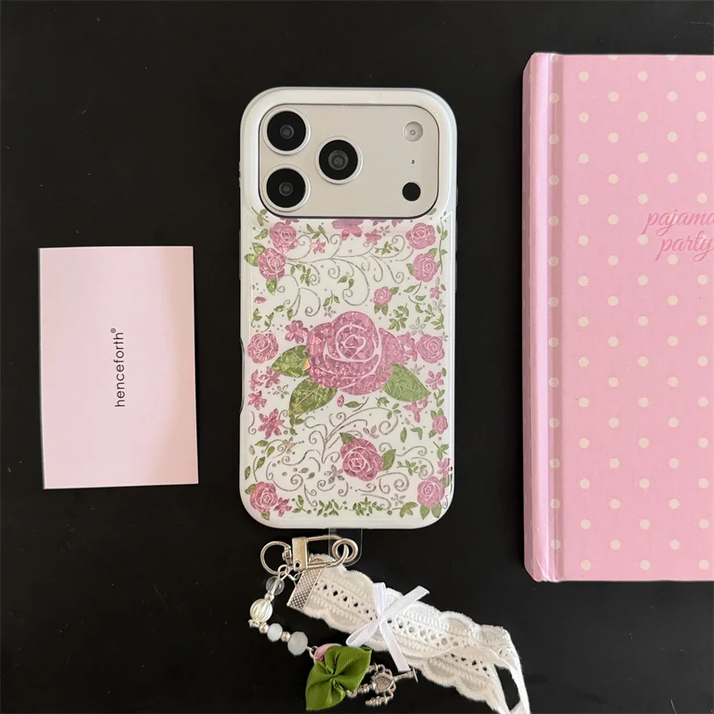 Romantic Pink Rose Flower Print Phone Case for iPhone 16 15 17 18 Pro Max White Shell Texture Back With Lace Wrist Chain Cover