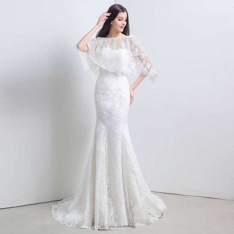 Abiti da sposa avorio Appliques in pizzo a-line con coda mezza manica per abiti da sera per banchetti per feste di matrimonio