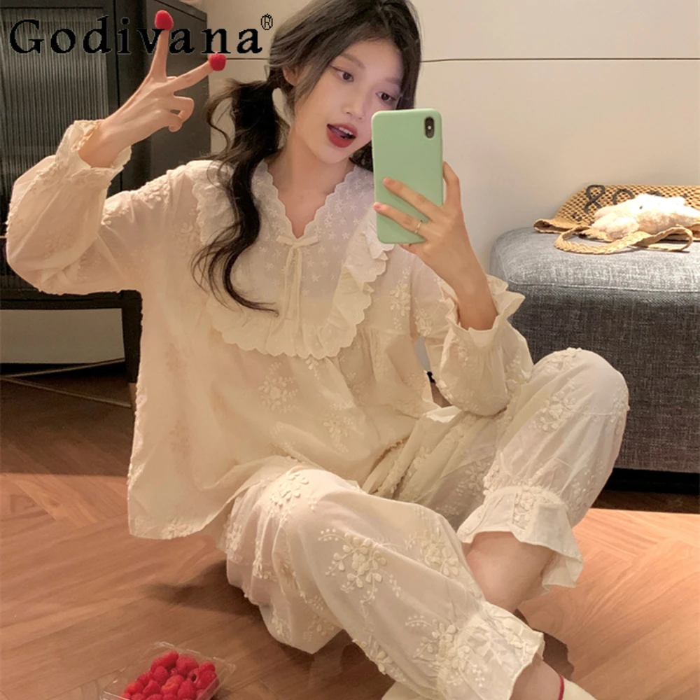 

Sweet Spring Autumn Pajamas for Women Court French Pijamas Embroidered Cotton Princess Loungewear Nightgowns