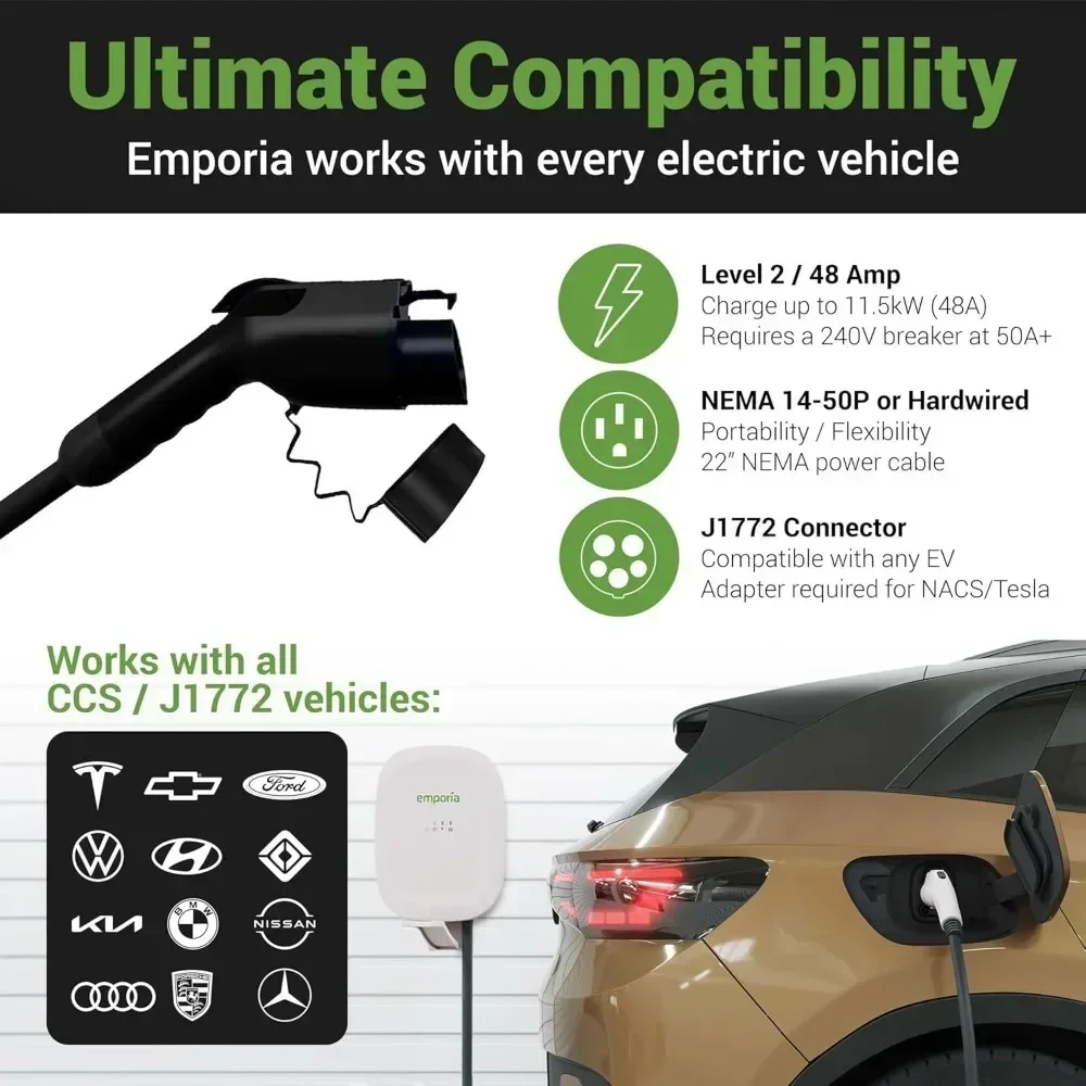 Level 2 EV Charger|NEMA 14-50 EVSE w/  Charger -48 amp EV Charger Level 2, 240v Wifi Enabled Electric Vehicle Charging Station