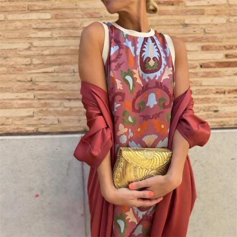 

2025 New Loose Fit Solid Color Cardigan Elegant Shawl Sleeveless Printed Dress Women's Suit Robe 2 Piece Beach Vacation Set