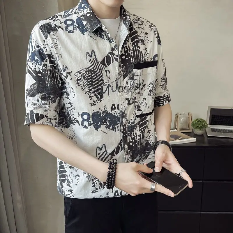 

Men's Slim Fit Floral Short Sleeve Shirt Korean Style Casual Button Down Summer Lightweight Tops Blouse