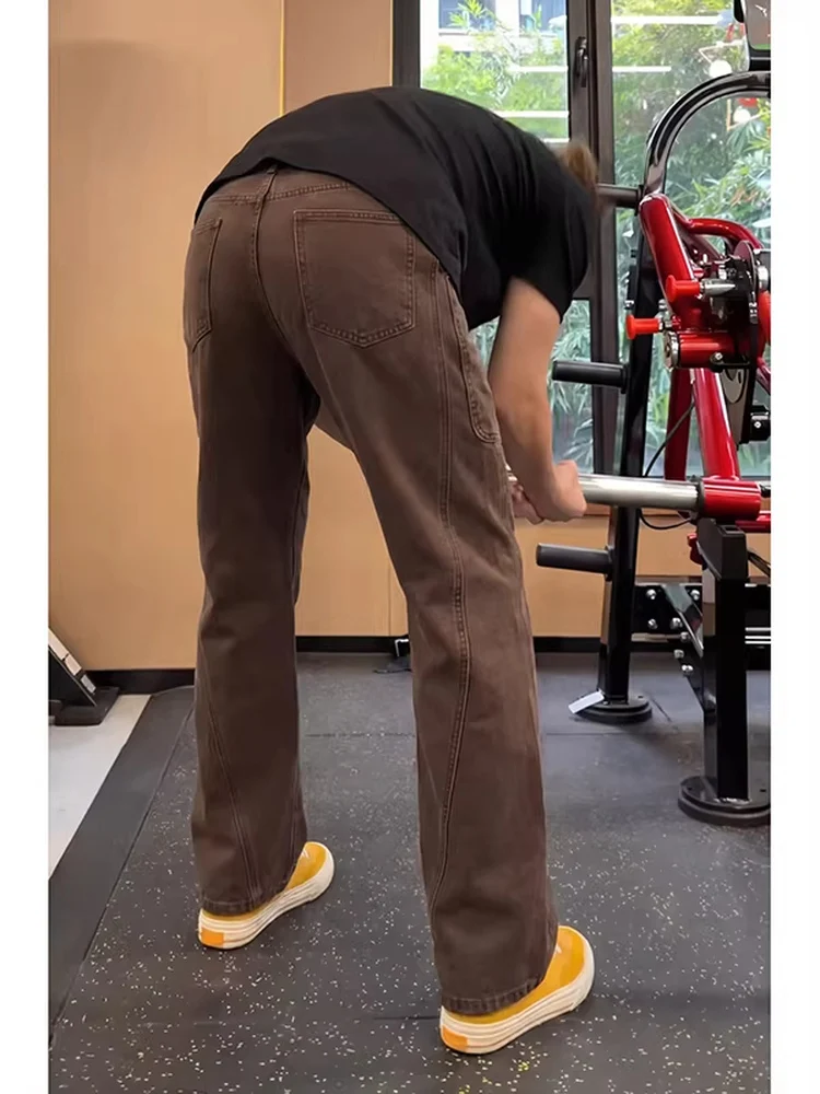 

Мужские джинсы Slim Fit из коричневого денима, прямые брюки из чистого хлопка с микро-клешем, рабочие брюки, молодежные повседневные брюки