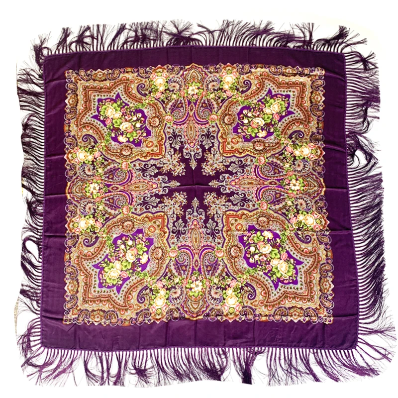 135*135cm Russian Square Scarf Shawl Women Ethnic Style Floral Print Fringed Bandana Babushka Handkerchief Head Wraps