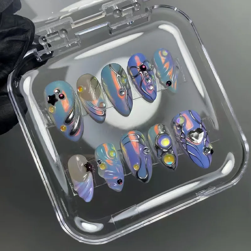 24pcs Almond Nails Sets Press on Shiny Powder Design Nails Cat's Eye False Nail Tips Starlight Flower Fake Nail Sets Finished