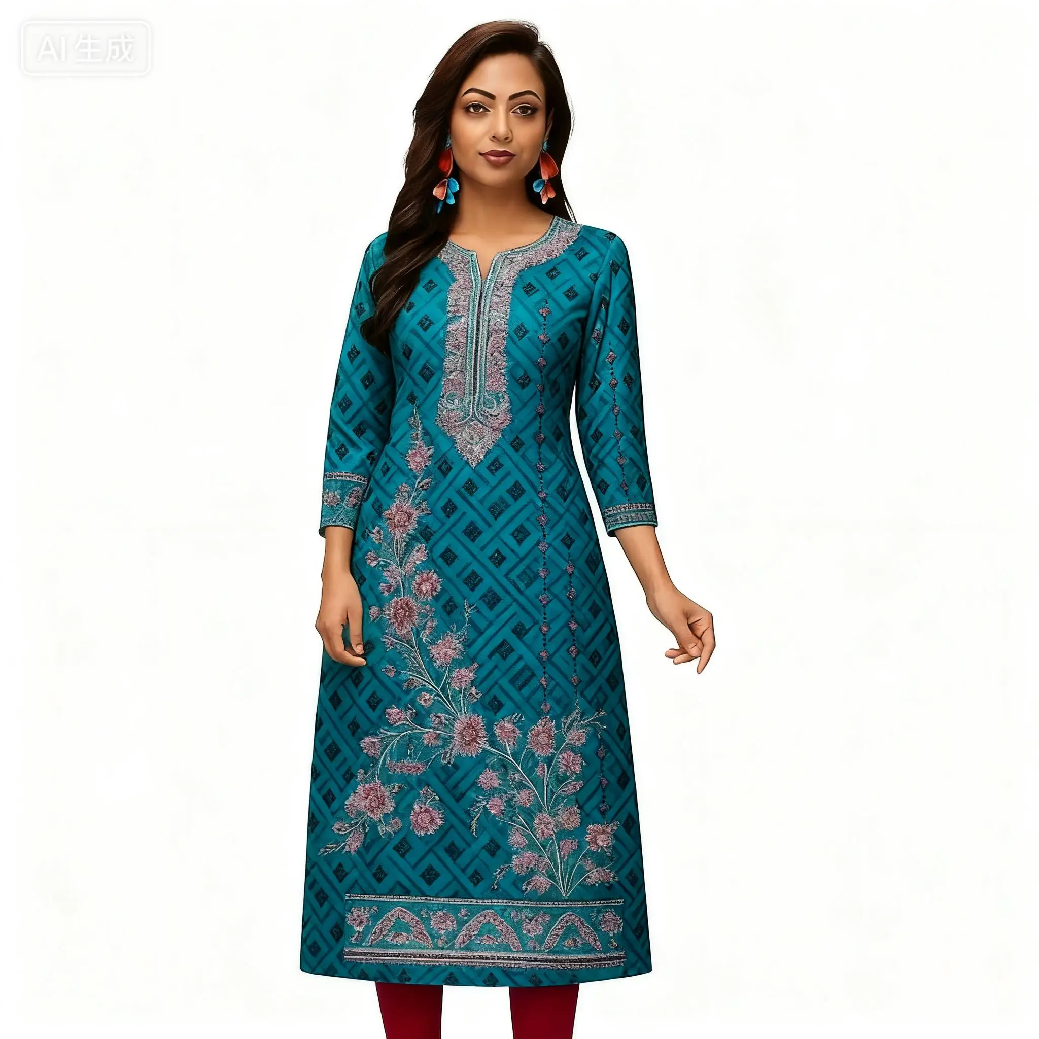 فستان مسلم كورت نسائي عصري وأنيق مستقيم أنبوب عادية شق تنحنح زهور ملونة نمط فستان Abiti Lunghi #5