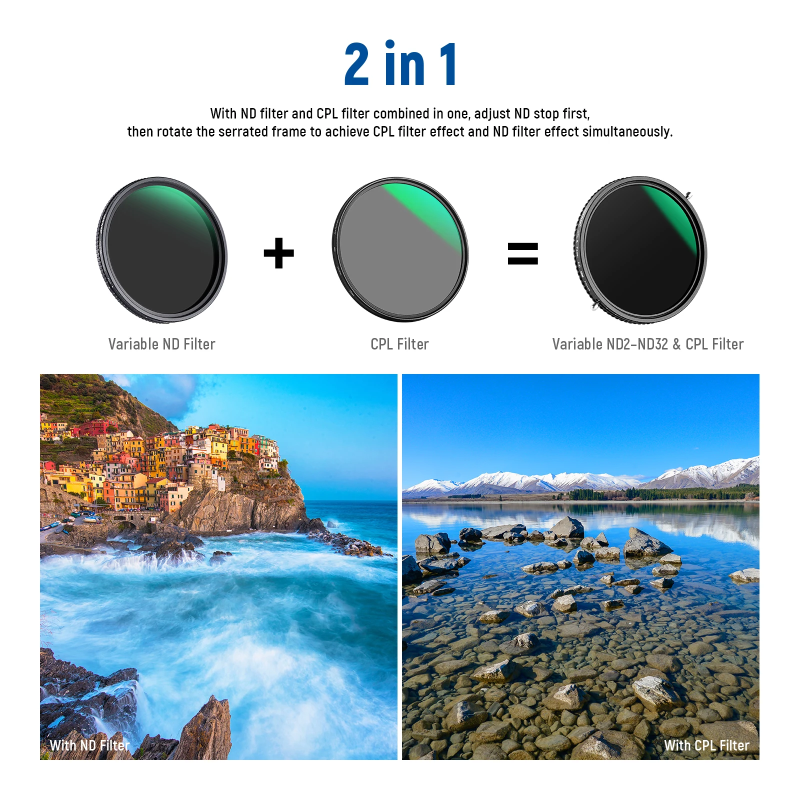 NEEWER 2 in 1 Variable ND Filter ND2–ND32&CPL Filter Circular Polarizer Filter No X Cross/30 Layer Nano Coated/HD Optical Glass