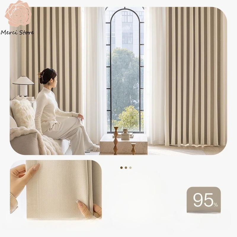

Luxury Retro Cream Blackout Sunshade Curtains for Living Room Bedroom Balcony Simple Solid Color Elegant Blackout Window Drapes
