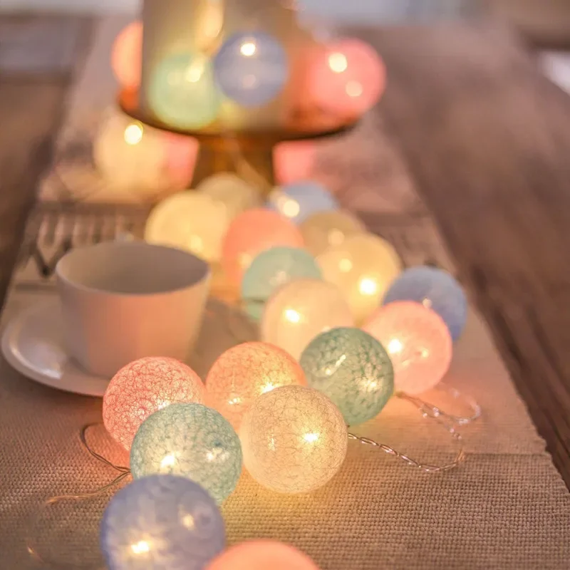 

Wedding Fairy Bedroom Decor Colorfull Cotton Garland 4cm LED Balls Christmas String Holiday Lights for Home Decoration Battery
