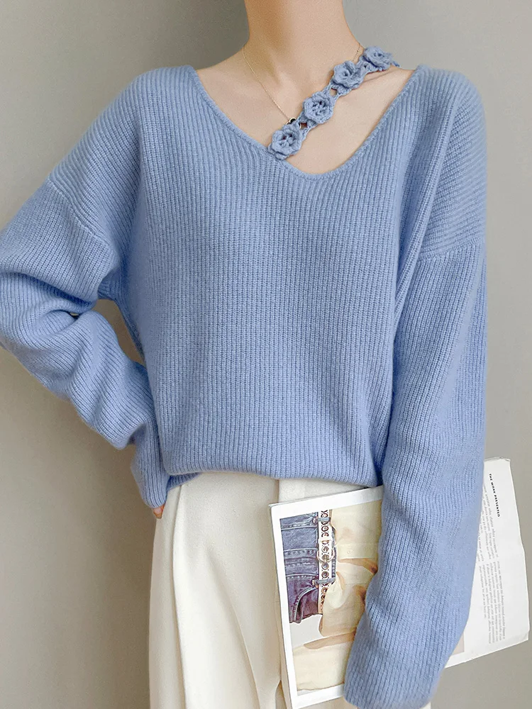 

New Chic Women's Handmade Hollow Hook Flower Collar 100% Merino Wool Sweater V-neck Long Sleeve Pullover Autumn Winter Wool Tops