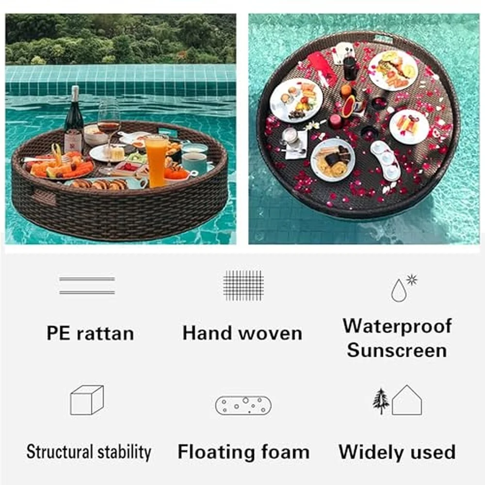 Floating Pool Tray Rattan Woven Serving Tray for Swimming Pools Hot Tubs & Beach Parties Floating Table for Drinks