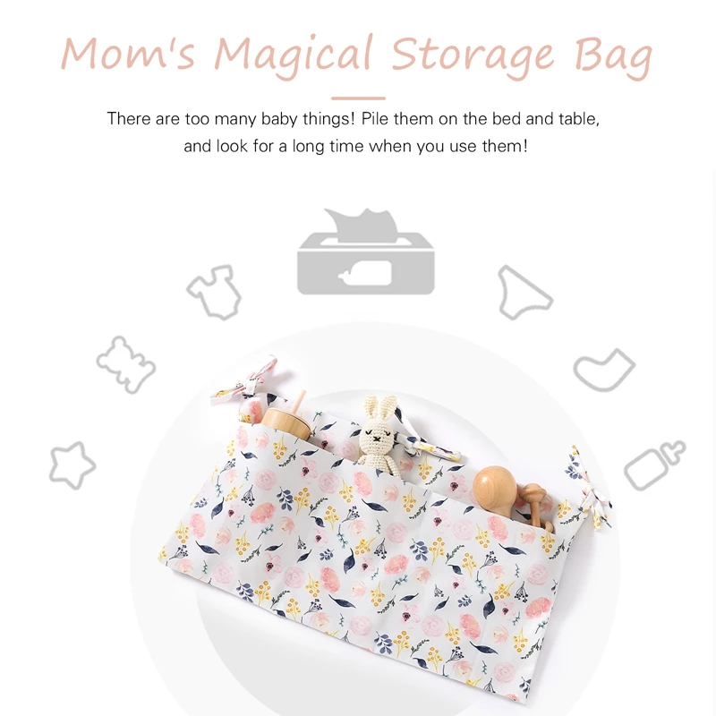 Portable Baby Crib Storage Bag Floral Large Capacity Hanging Crib Organizer Cotton Nursery Diaper Organizer For Baby Essentials