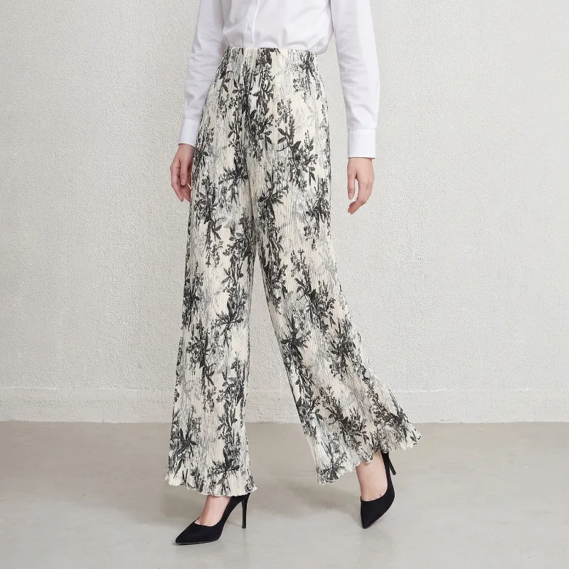 Miyake Pleated Wide-Leg Pants for Women 2026 Spring and Autumn New Ink Print High-Waist Casual Draped Loose Long Pants Pleat