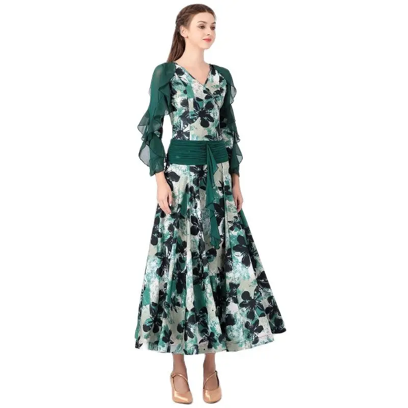 

Ruffle Sleeves Green Pleated Ballroom Dance Dress Waltz Dress For Dancing Clothes Rumba Lyrical Dance Costumes Party Dress