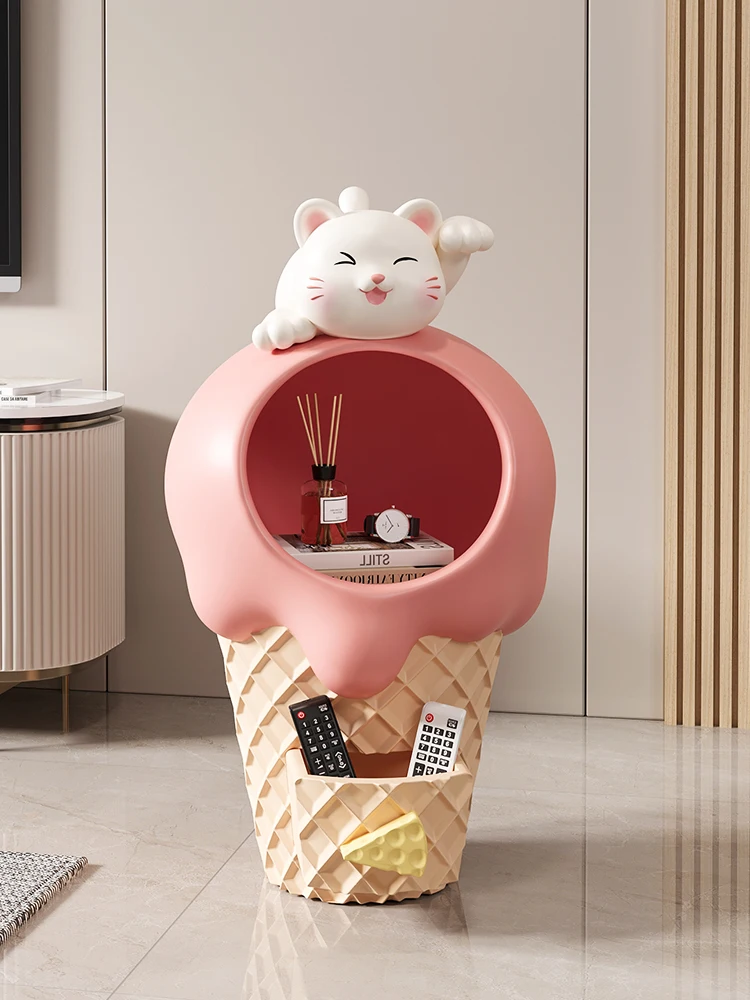 Home Decor Cream Side Table Ice Cream Cat Ornaments Snack Cabinet Storage Rack Living Room Decorative TV Cabinet Corner Table