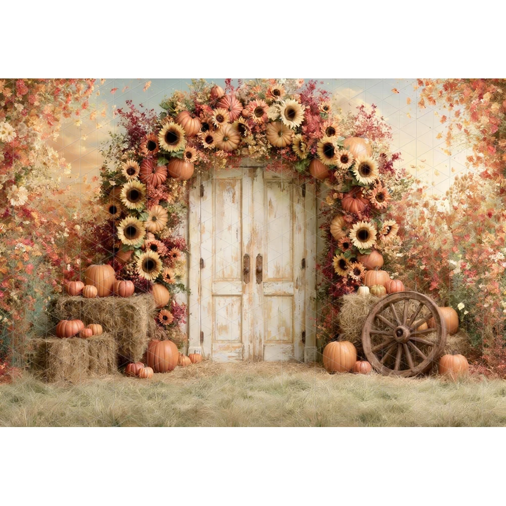 Harvest Thanksgiving Photography Background Rustic Autumn Farm Pumpkin Scarecrow Sunflower Baby Adult Portrait Decor Cloth
