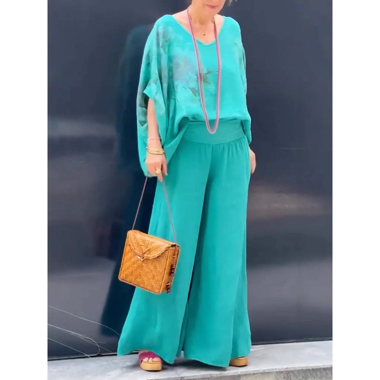 

Women's V-neck Cotton Linen Printed Top And Pants Long Pants Seven Sleeve Length Spring Fashion Set Casual Comfortable