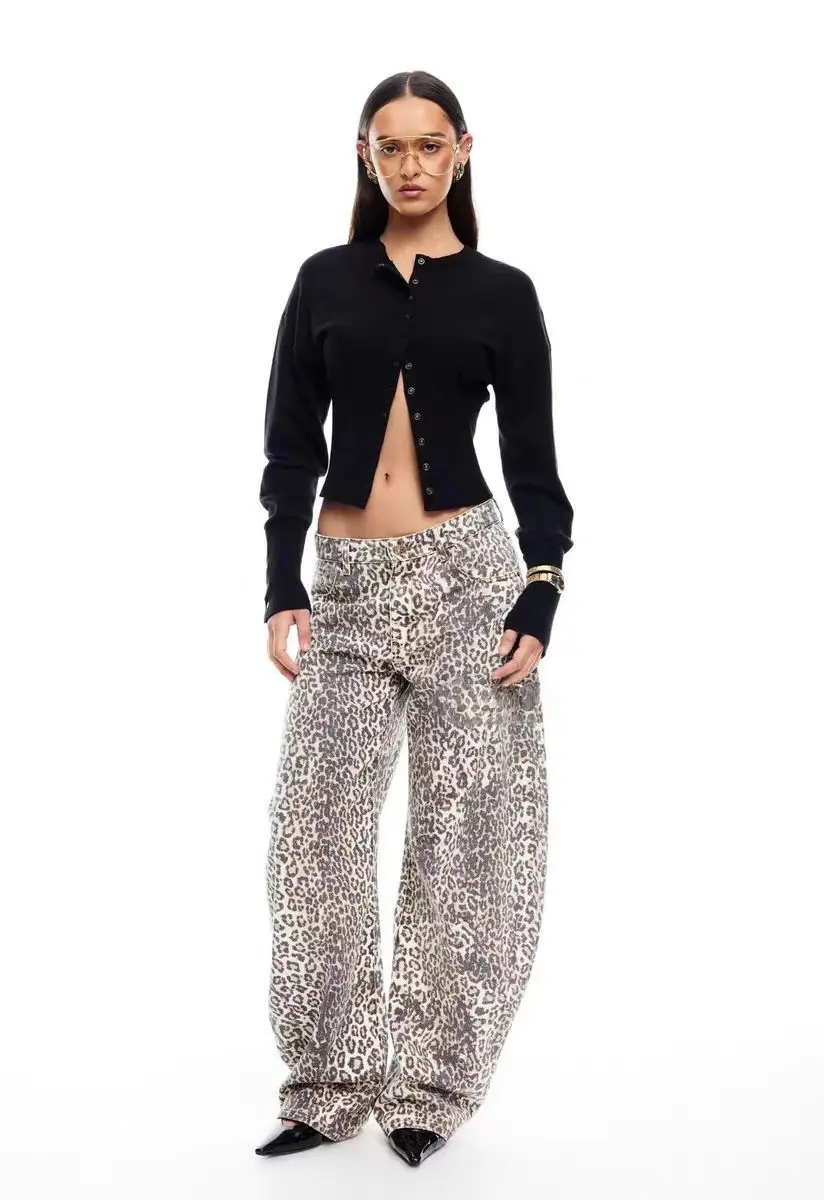 LIONESS washed leopard print loose casual wide-leg jeans for women, high-waisted hot girls, slimming straight floor-length pants