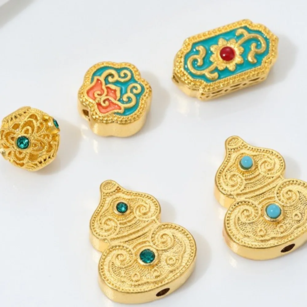

Sand Gold Bead Enamel Hollow Flower Ball with Diamond Turquoise Fulu Gourd Through Hole DIY Jewelry Accessories
