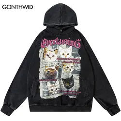 Vintage Hooded Sweatshirt Streetwear Cartoon Cat Graphic Printed Oversized Hoodies Hip Hop Harajuku Punk Gothic Baggy Pullover