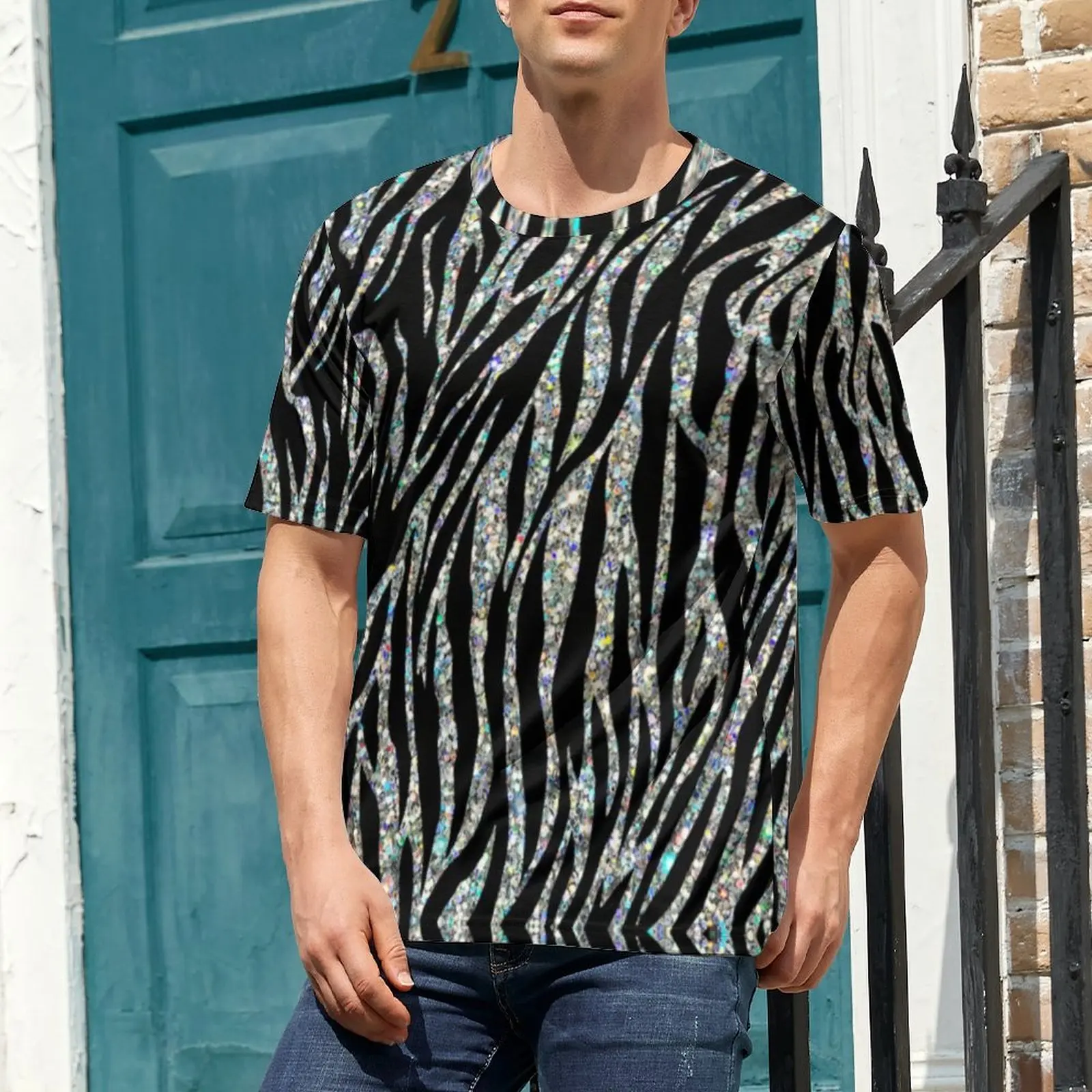 Summer T-Shirt Glitter Zebra T Shirts Abstract Animal Print Basic Fashion Tees For Men Short Sleeves Graphic Oversize Clothes