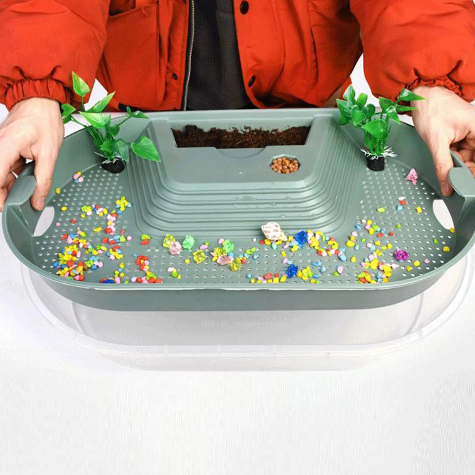Turtle Tank Turtle Cage Bottom Drainage Basking Stage Clear Lid Area Habitat Breeding Box for Hermit Gecko Hermit Crab Small