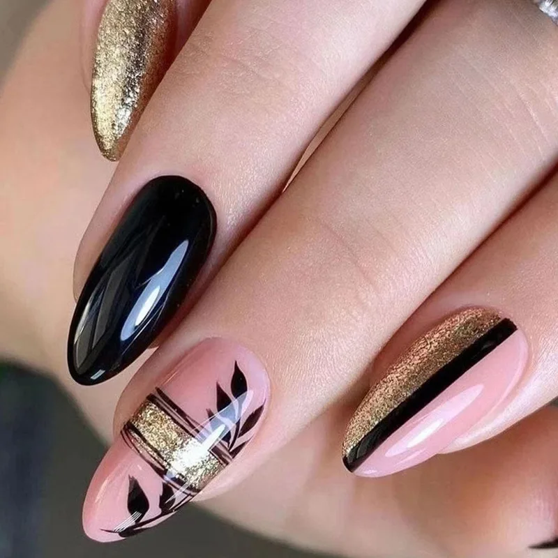 

24Pcs Long Almond Press-on Nails: Sophisticated Black with Shimmer Finish and Leaf Motifs - Dark Elegant Style