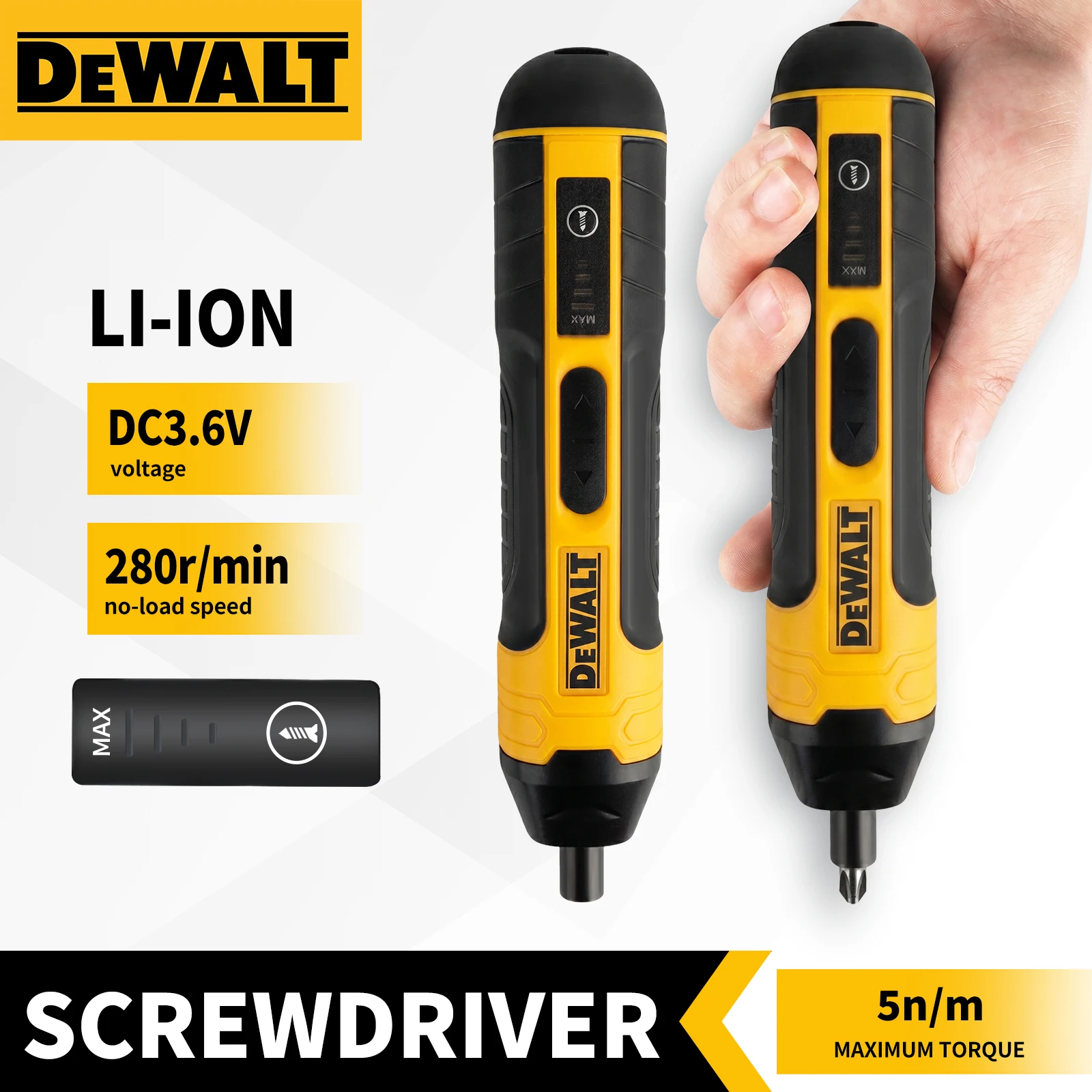 

DEWALT Rechargeable Electric Screwdriver 3.6V 280RPM 2-5N.m Max Torque 1/4" Chuck 1300mAh Cordless Precision Screwdriver