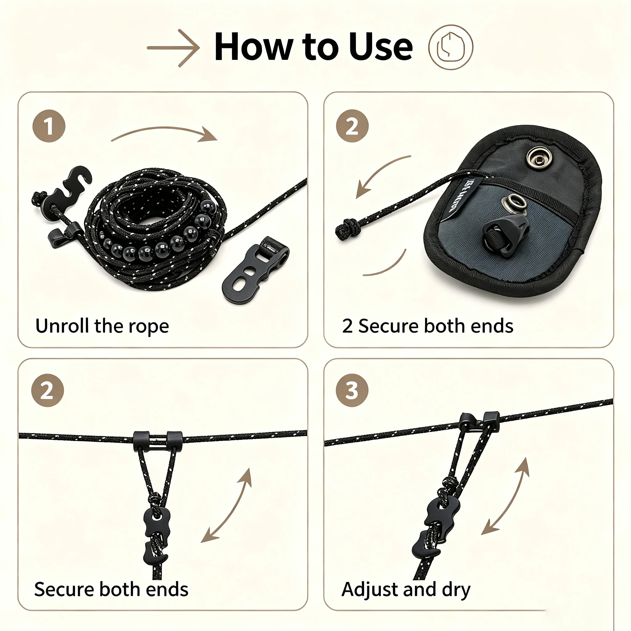 Beaded Clothesline Rope With Anti‑Slip Beads, For Camping Travel, Wind‑Resistant No Clips Needed