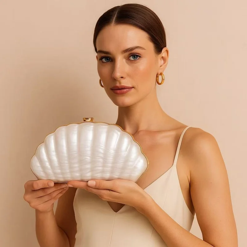 Women Stylish Shell Shaped Acrylic Clutch Bag Light Luxury Creative Design Imitation Marble Pattern Handbag Banquet Bag