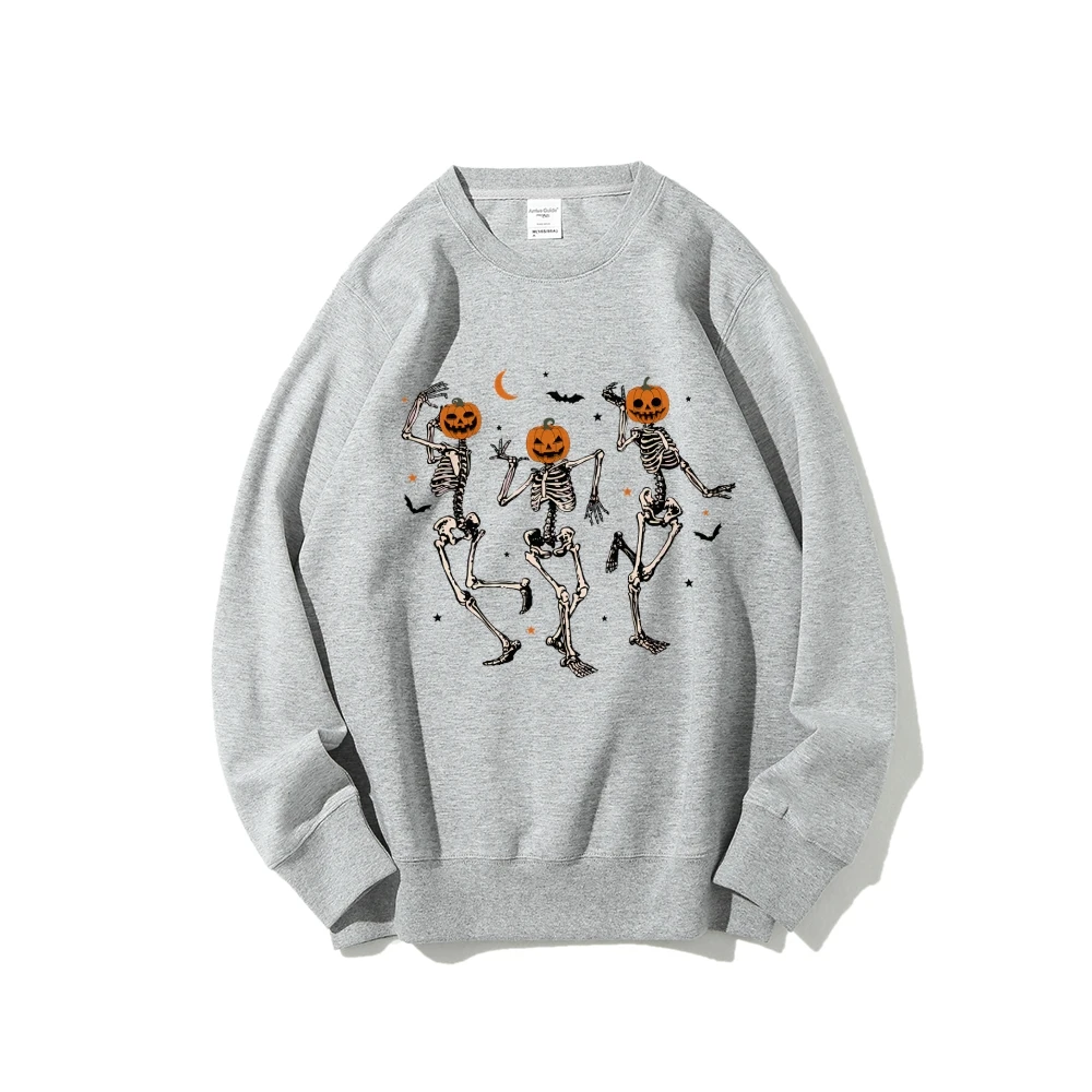 Dancing Skeleton Pumpkin Women\'s Retro Halloween Sweatshirt Cute Fall Spooky Season Pumpkin Face Halloween Long Sleeve Top