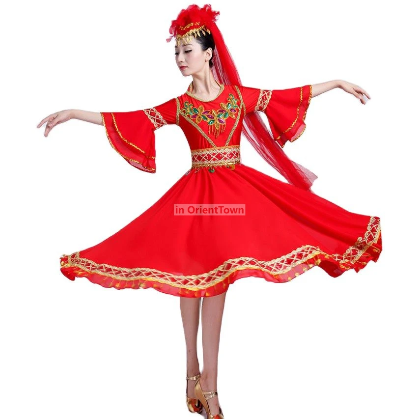 Chiński tancerz ludowy, czerwony strój sceniczny, ubrania do tańca ujgurskiego z Xinjiang, strój etniczny dla dorosłych, spódnica do tańca z efektem wahadła.