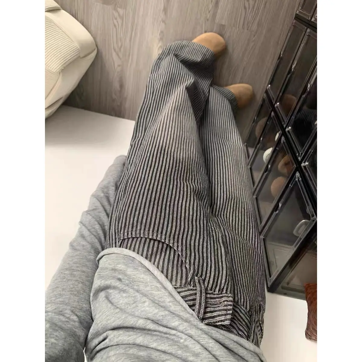 American Retro Striped Wide-leg Jeans Women's Autumn and Winter High Waist Loose Straight Mop Pants