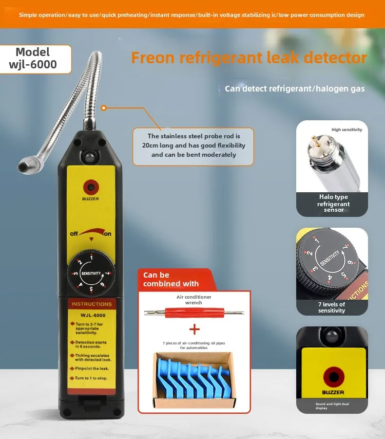 Detector Electrónico de Fugas de Gas Refrigerante Halógeno WJL-6000, Medidor de Fugas de Halógeno para Aire Acondicionado de Automóviles, para R32, R134a, R404s