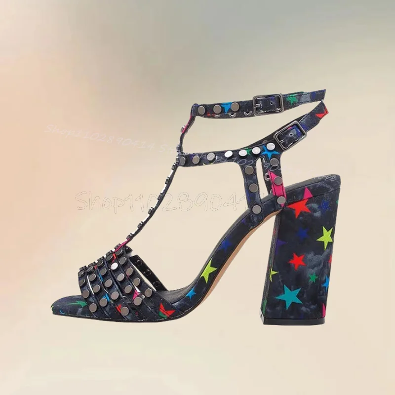 Rivets Decor Colorful Star Pattern Sandals Ankle Buckle Strap Women Shoes Chunky High Heels Open Toe 2024 Zapatos Para Mujere