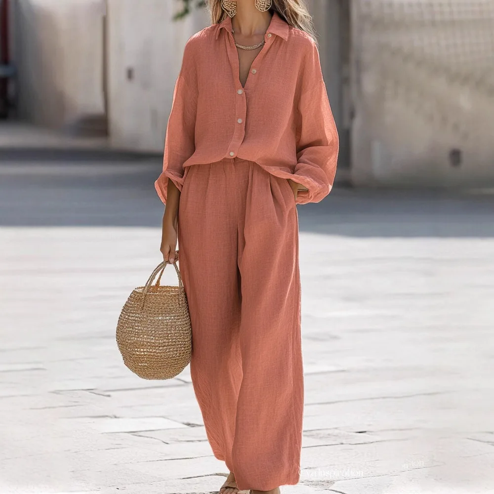 Women Buttons Shirt Wide Leg Pant Set Two Piece Sets Casual Single Breasted Lapel T Shirts Solid Long Pants Basis Pockets Autumn