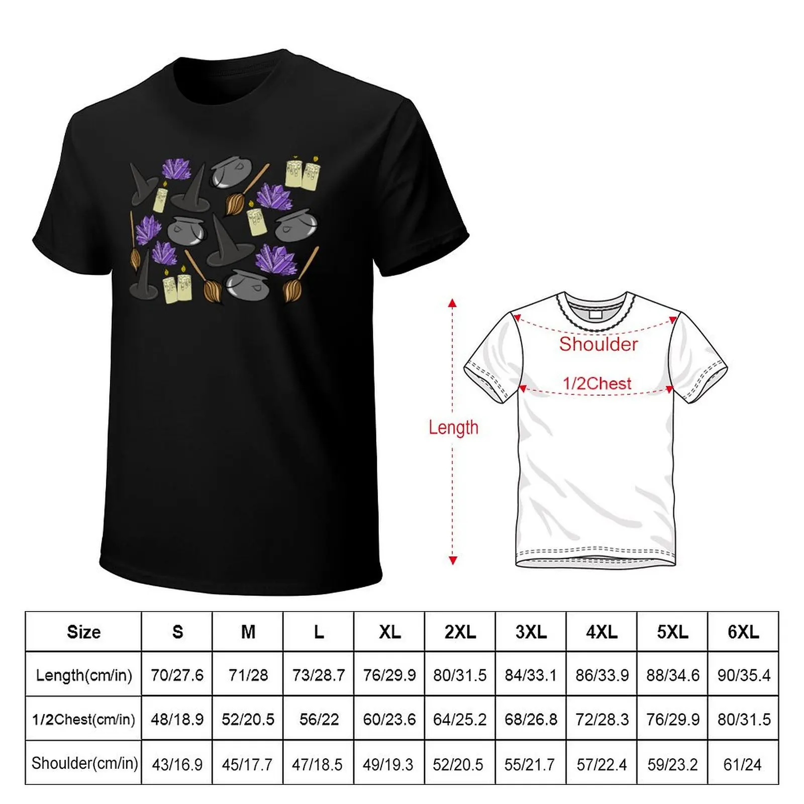 Hand Drawn Spooky Cauldrons,Broomsticks,Candles, and Witches Hat Cartoon Doodles Pattern, made by EndlessEmporium T-Shirt