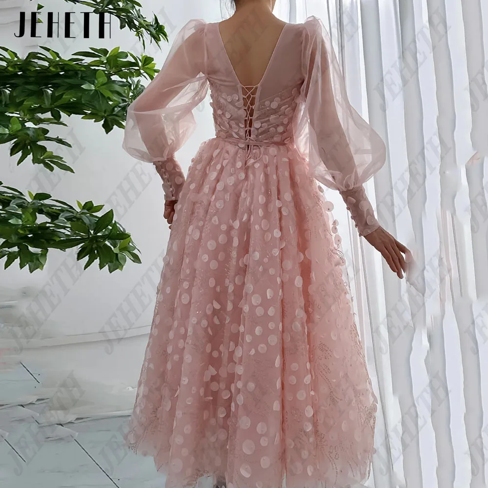 JEHETH ricamo Midi abiti da ballo pizzo a-line maniche lunghe a sbuffo scollo a v abiti da festa rosa lunghezza alla caviglia abiti da cerimoniaJEHETH Ricamo Midi Abiti Da Prom Pizzo A-Line Maniche Lunghe Puff V-Neck R