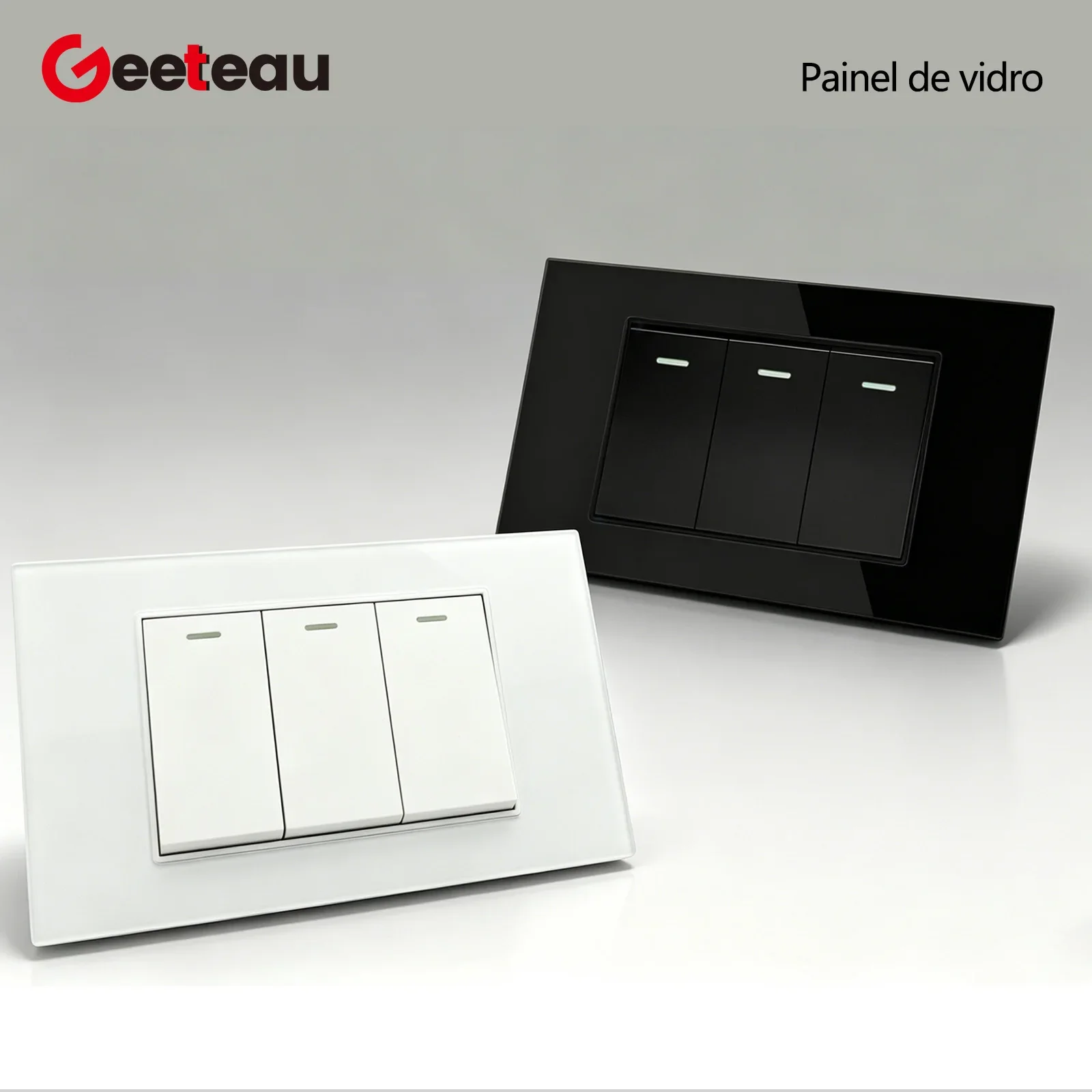 Geeteau Household Electrical Wall Switch 3Gang2Way Brazil Standard White Black Tempered Glass Panel 118x72mm Universal Voltage