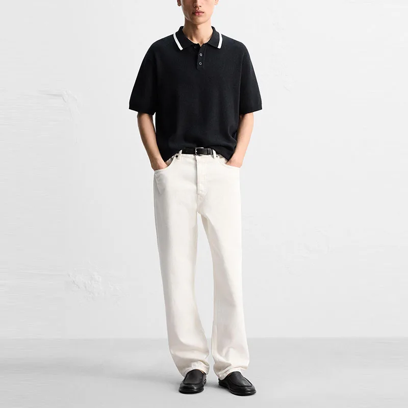 

Loose Color Blo Knitted irt for Men Summer 2025 New Arrival ort Sve Turn-down Collar Polyester Fiber Z