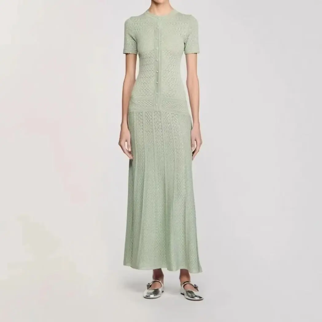 

Nanyou High Quality Bright Silk Summer New Style Fashionable And Elegant Women's Knitted Slim Fit Short Sleeve Long Dress