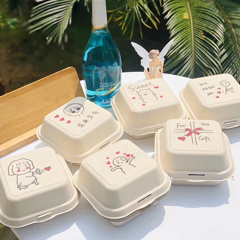 10pcs Biodegradable Bento Box Cake Case Disposable Hamburger Package Boxes Hand-painted Take-out Storage Food Mini Container